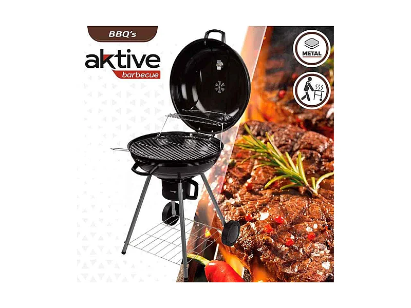 Barbacoa de carbón Aktive con tapa+ruedas negro Ø57x86 cm