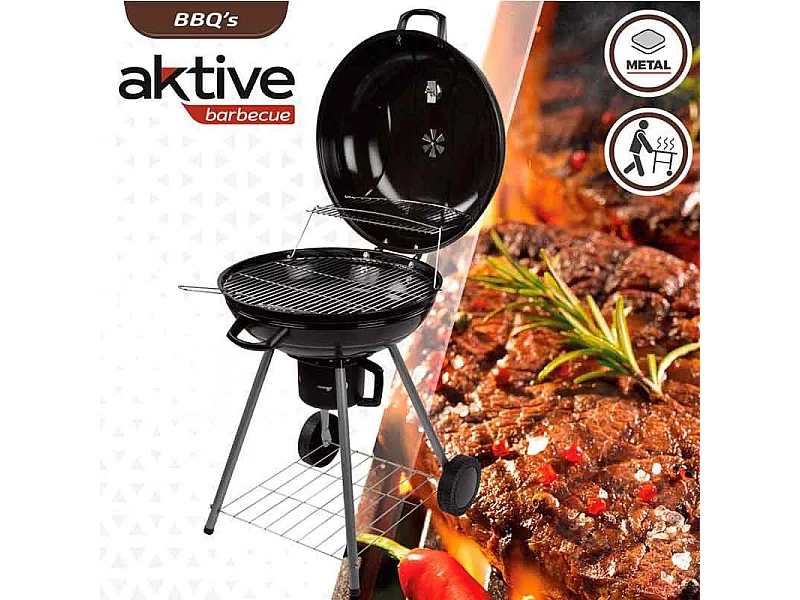 Barbacoa de carbón Aktive con tapa+ruedas negro Ø57x86 cm