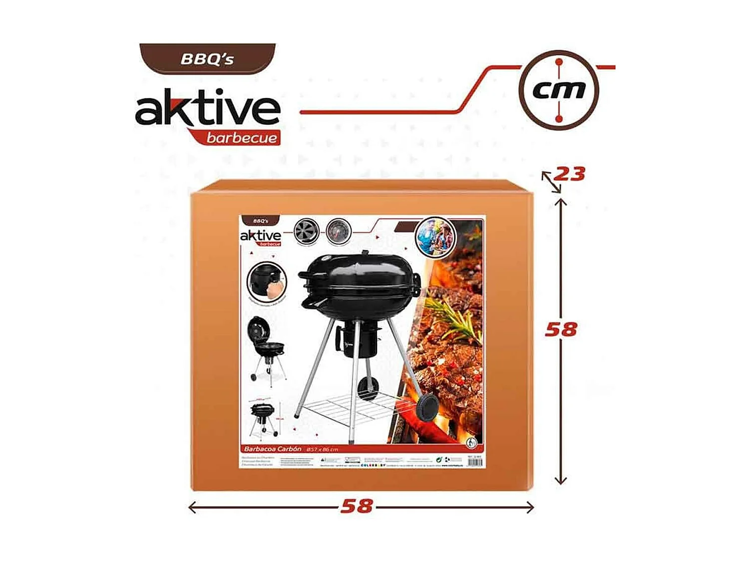 Barbacoa de carbón Aktive con tapa+ruedas negro Ø57x86 cm