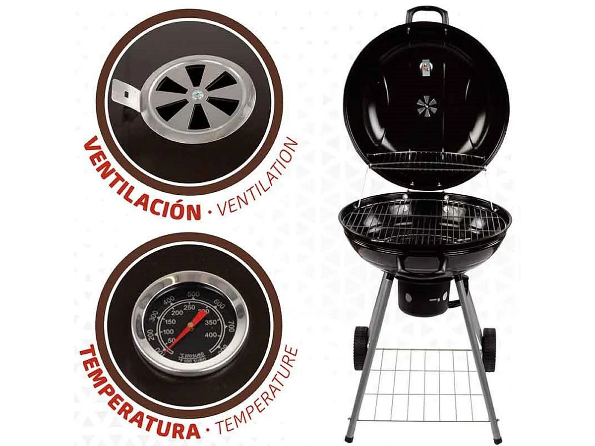 Barbacoa de carbón Aktive con tapa+ruedas negro Ø57x86 cm