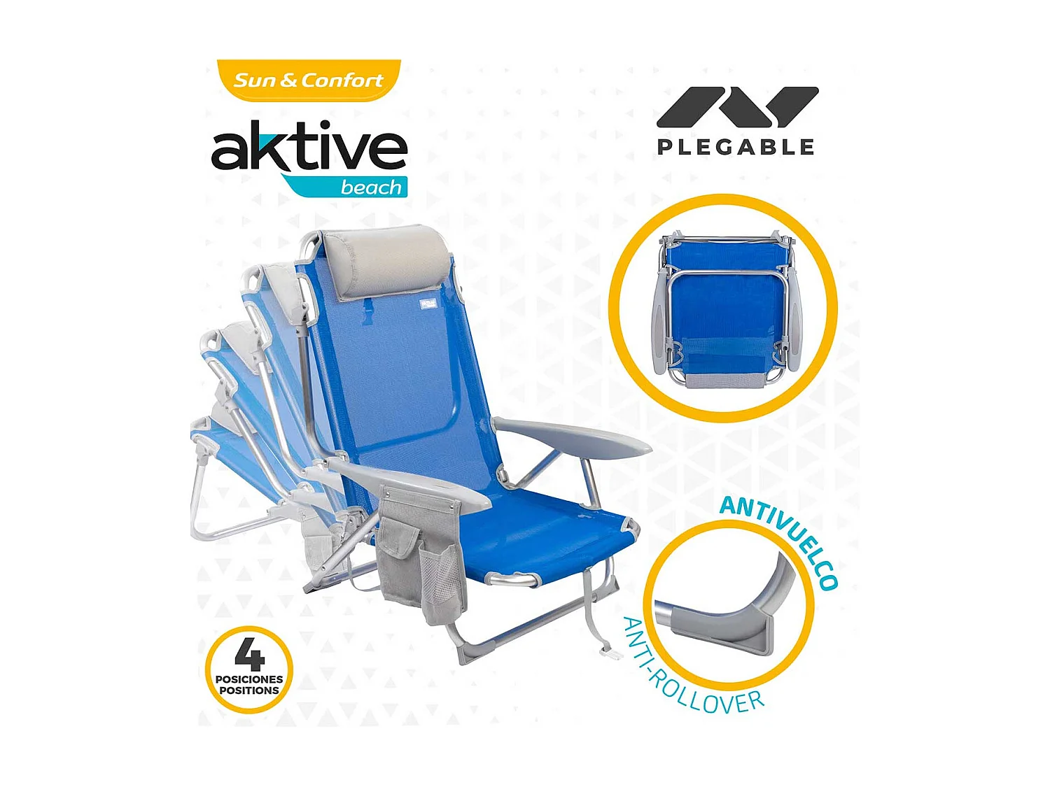 Silla plegable Aktive 4 posiciones con cojín + bolsillo + asa azul 76x64x45 cm