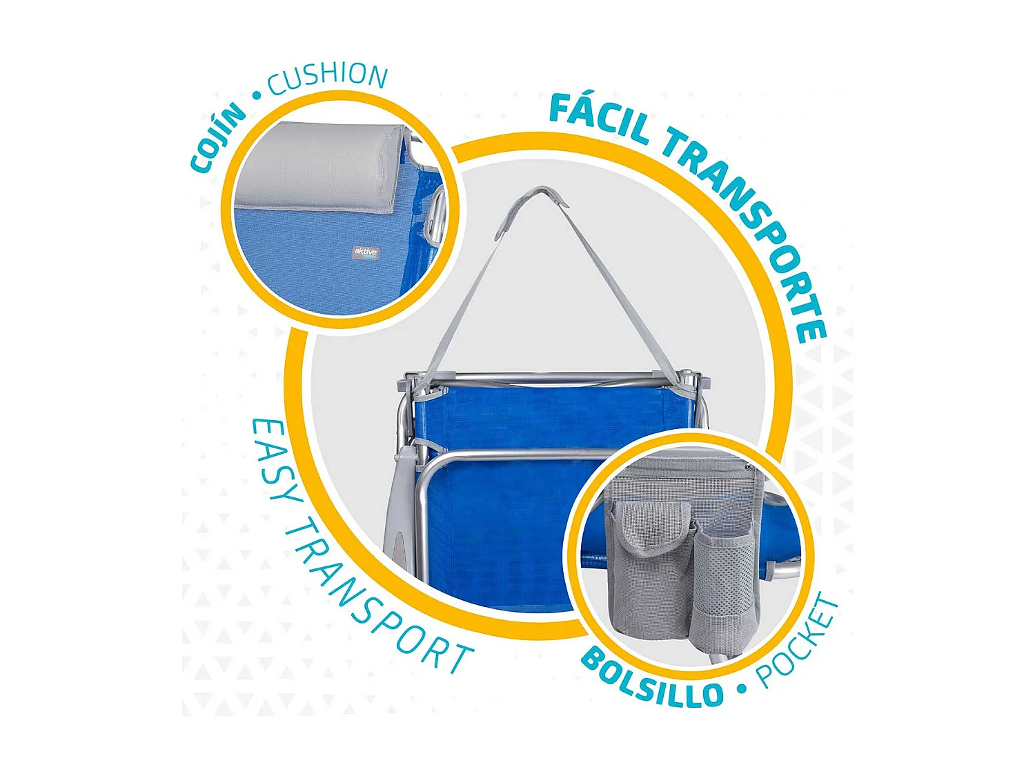 Silla plegable Aktive 4 posiciones con cojín + bolsillo + asa azul 76x64x45 cm