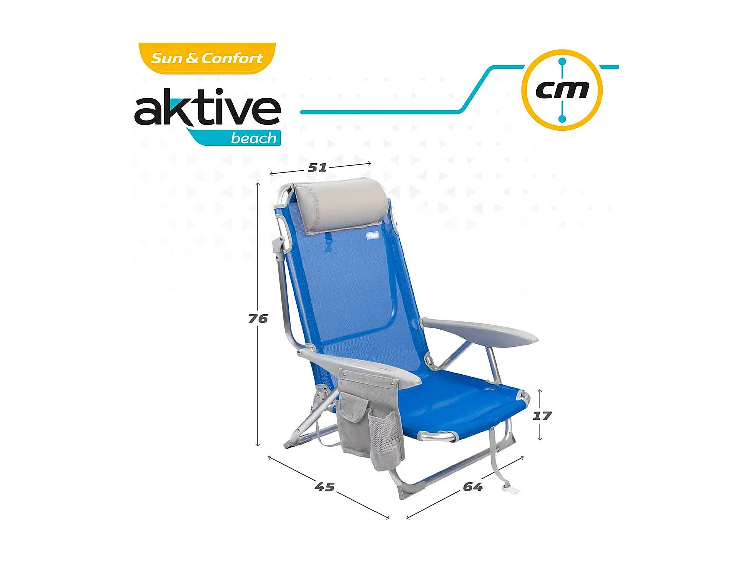 Silla plegable Aktive 4 posiciones con cojín + bolsillo + asa azul 76x64x45 cm