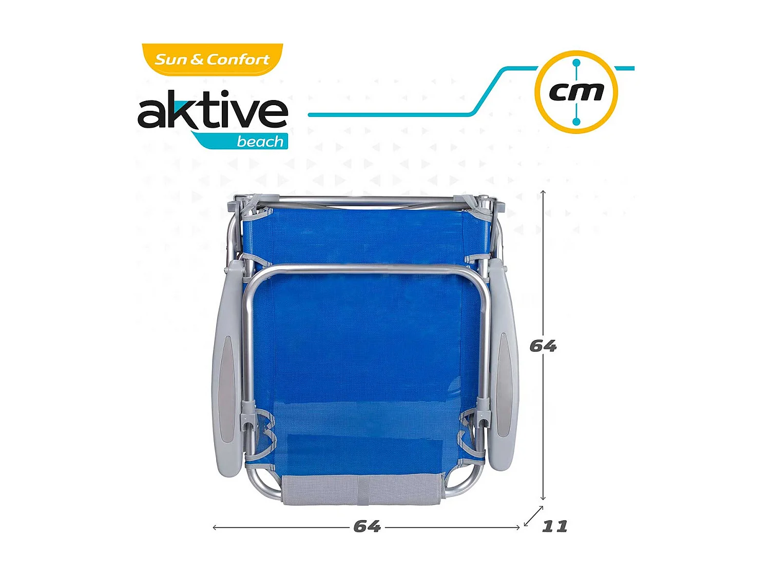 Silla plegable Aktive 4 posiciones con cojín + bolsillo + asa azul 76x64x45 cm