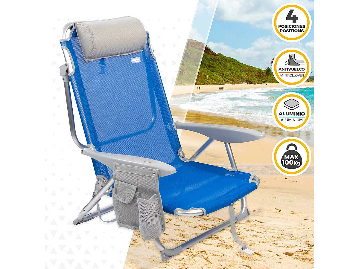 Silla plegable Aktive 4 posiciones con cojín + bolsillo + asa azul 76x64x45 cm