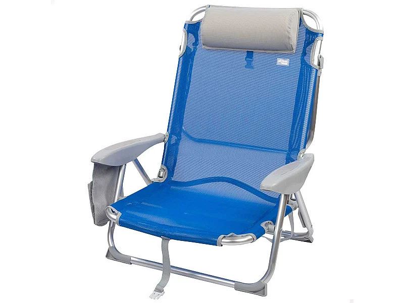 Silla plegable Aktive 4 posiciones con cojín + bolsillo + asa azul 76x64x45 cm