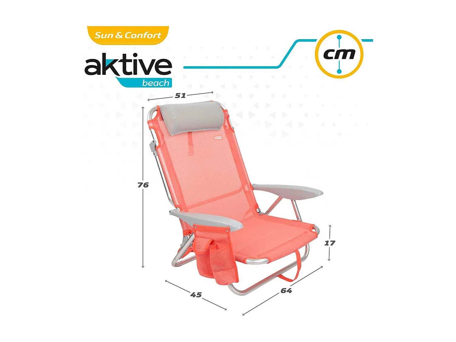 Silla plegable Aktive 4 posiciones con cojín + bolsillo + asa salmón 76x64x45 cm