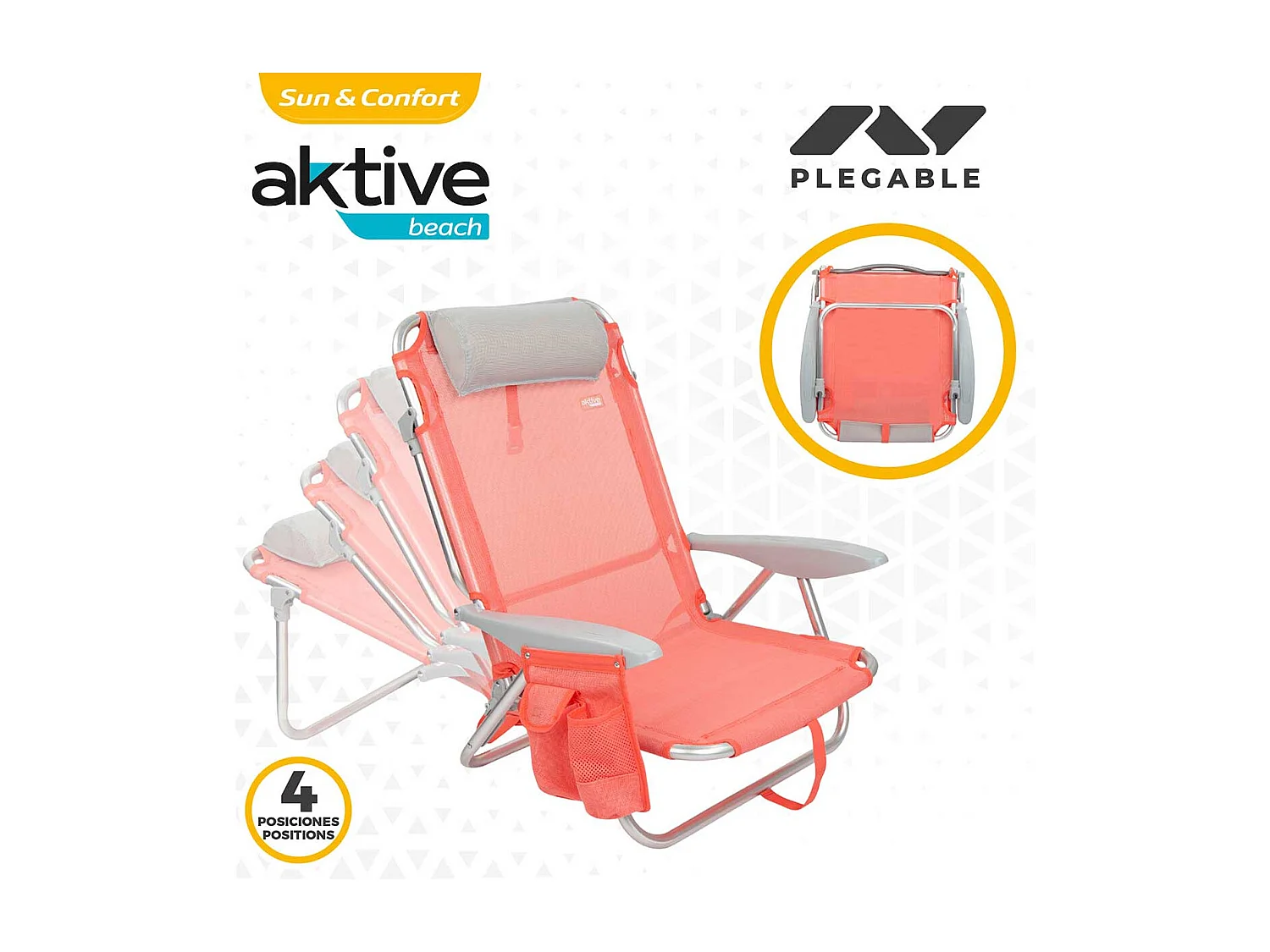 Silla plegable Aktive 4 posiciones con cojín + bolsillo + asa salmón 76x64x45 cm