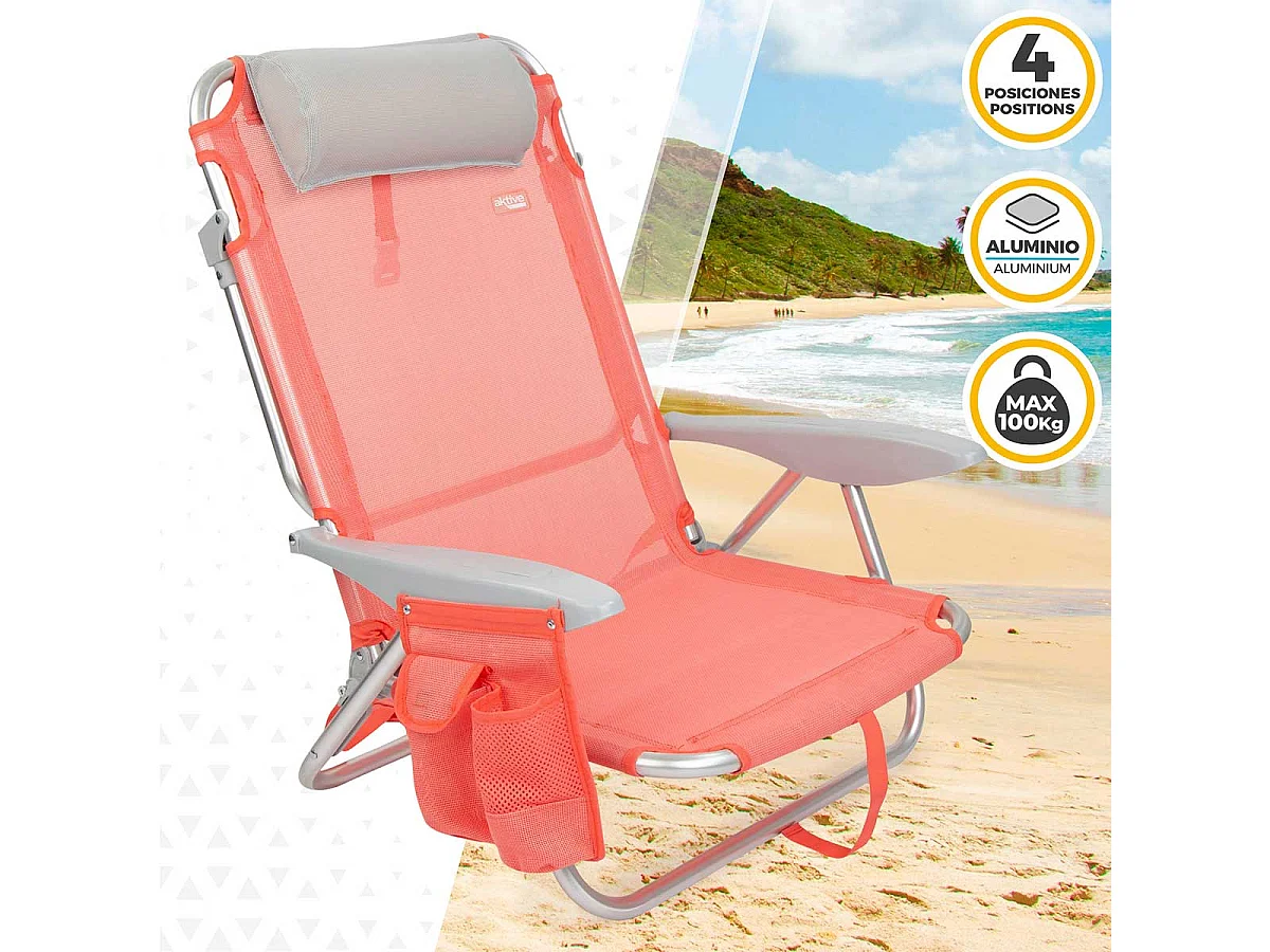 Silla plegable Aktive 4 posiciones con cojín + bolsillo + asa salmón 76x64x45 cm