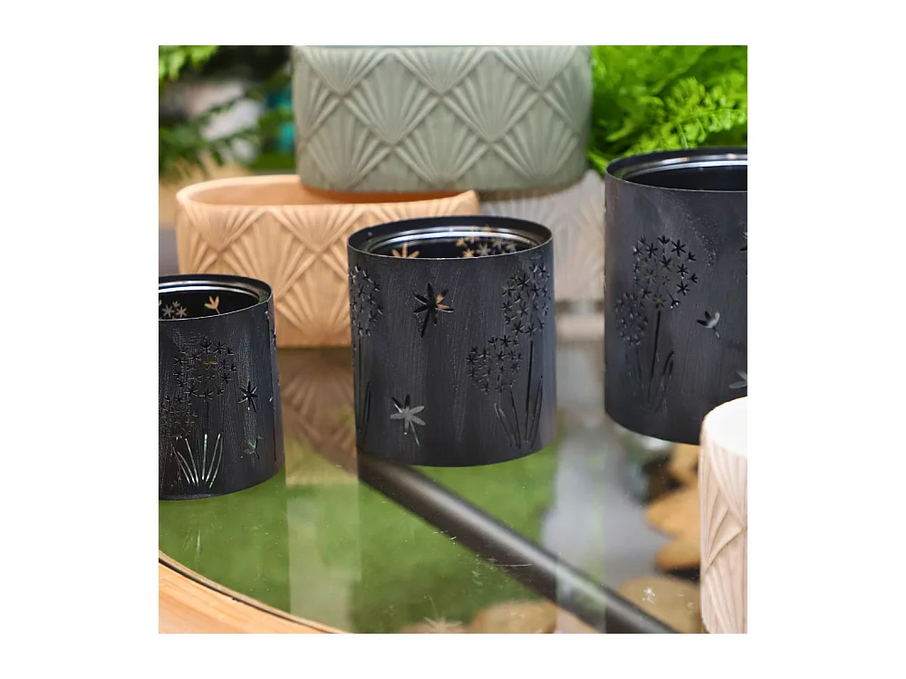 Photophore bougeoir bougie Noël métal gris verre 12,5x12,5cm