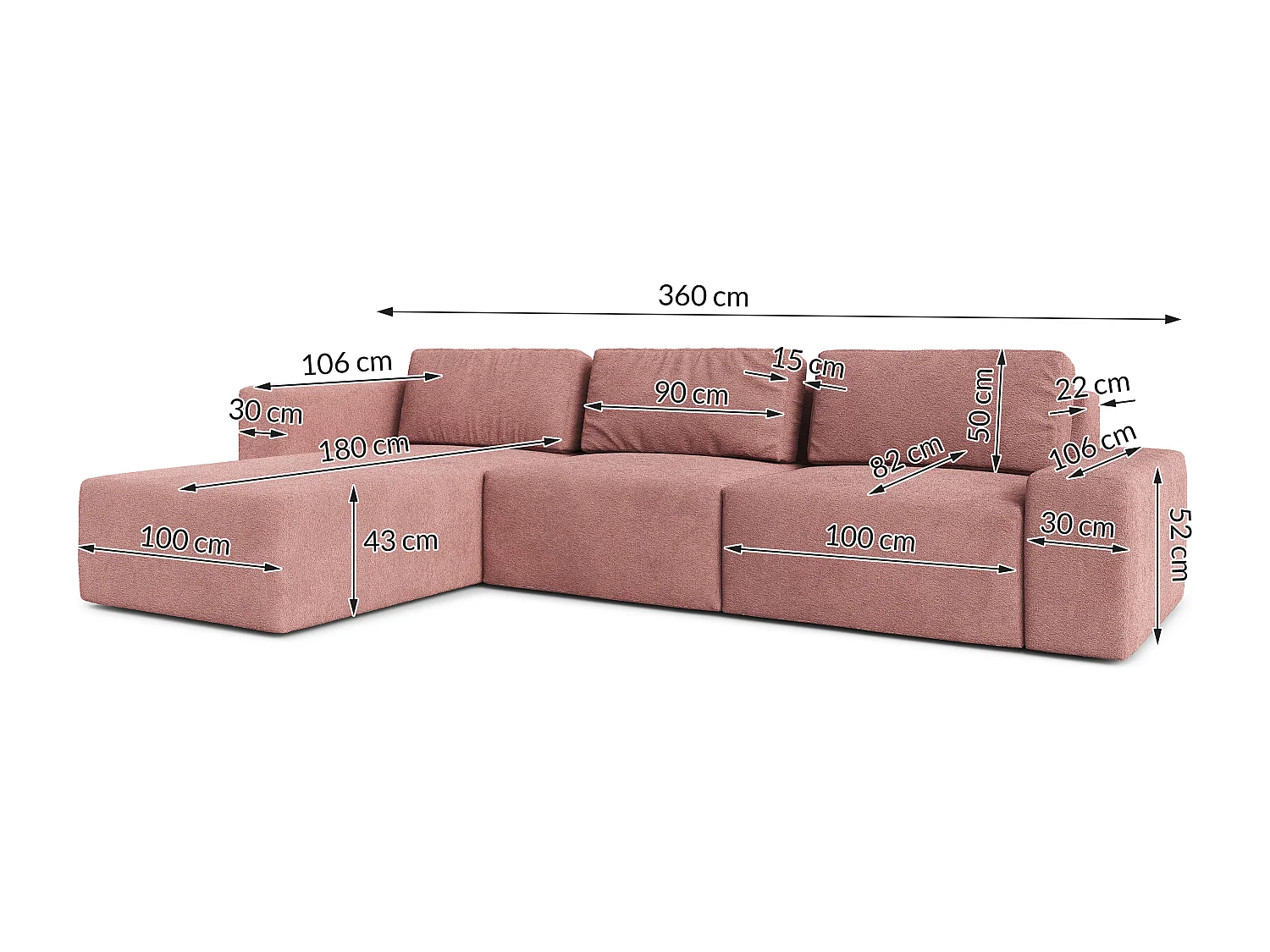 AX LIVING Couch XXL L Form Arkleton Ecksofa Groß Rosa 360cm Komfort L
