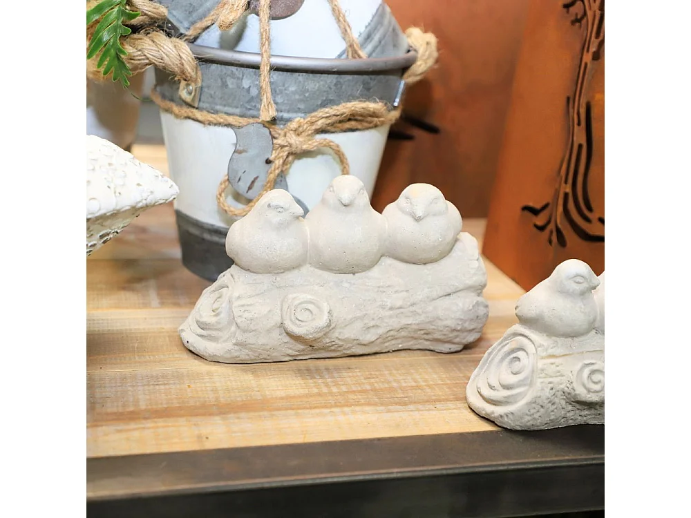 Trio d'oiseaux décoratifs sur branche en béton gris 15 x 9 x 9.5cm