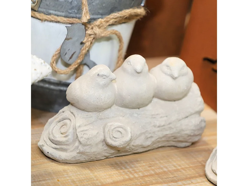 Trio d'oiseaux décoratifs sur branche en béton gris 15 x 9 x 9.5cm