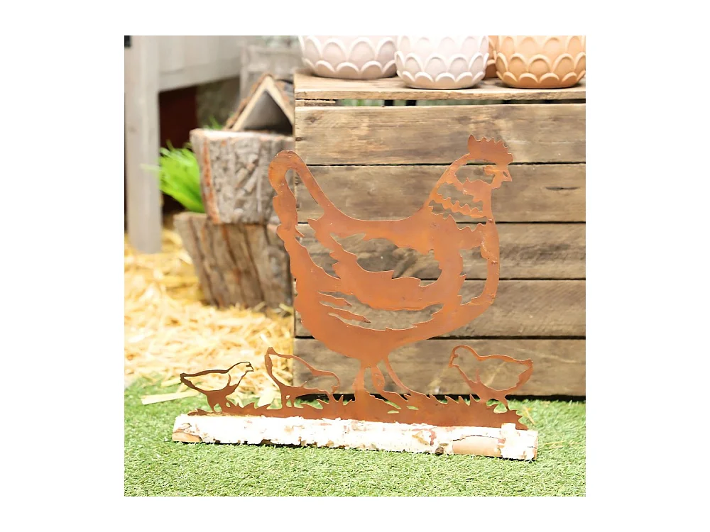 Poule en bois et métal marron 42 x 38cm