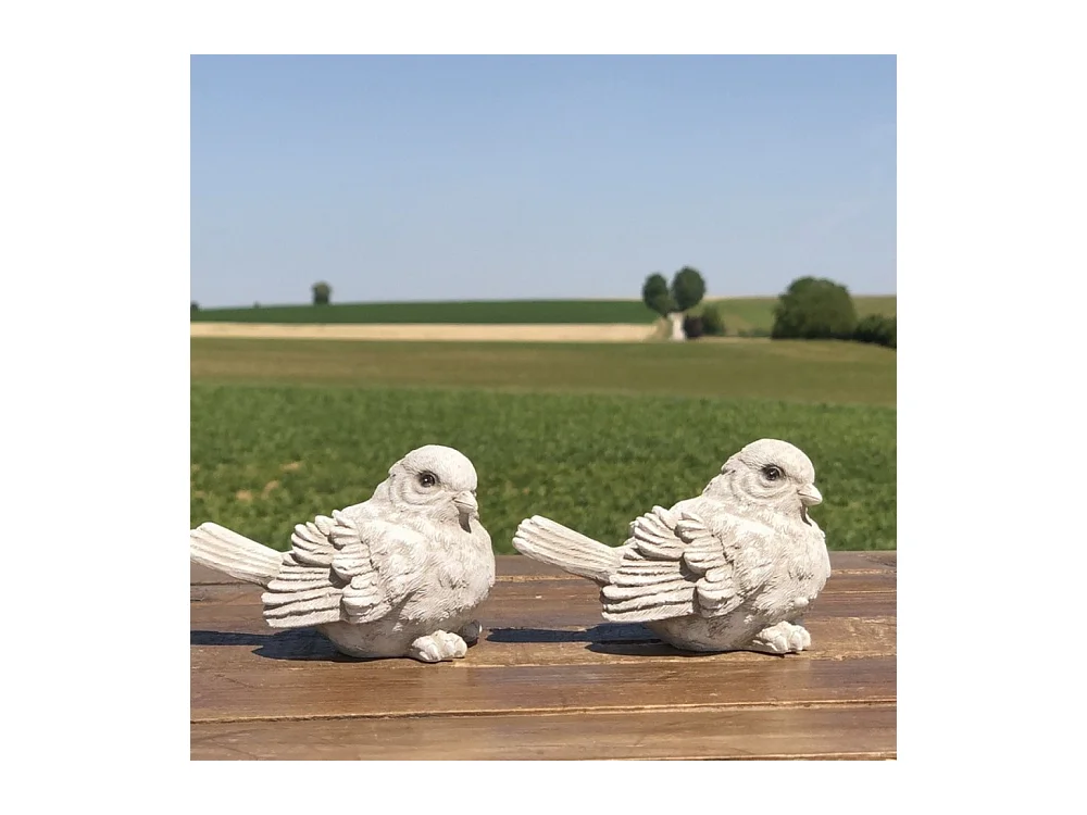 2 Oiseaux décoratifs en résine blanche vieillie 8.5 x 5.5 cm