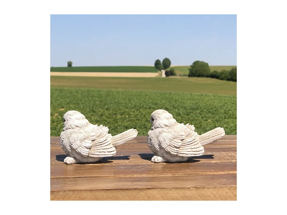 2 Oiseaux décoratifs en résine blanche vieillie 8.5 x 5.5 cm