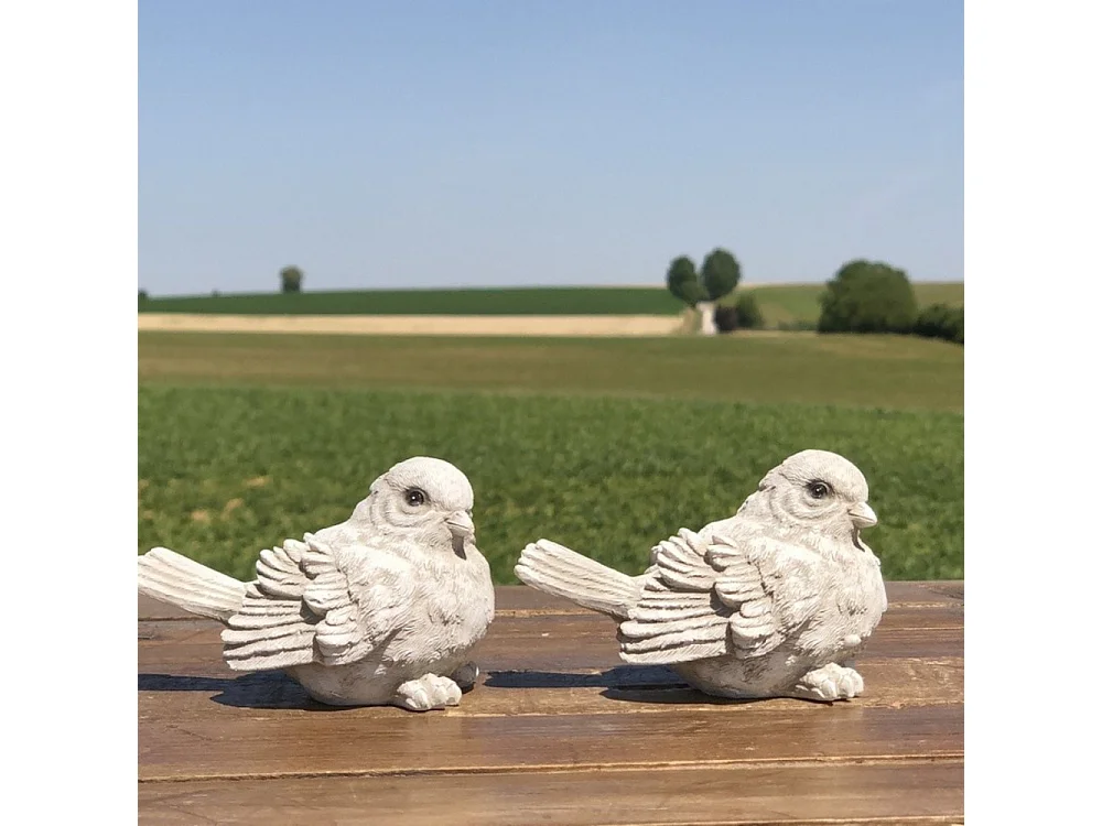 2 Oiseaux décoratifs en résine blanche vieillie 8.5 x 5.5 cm