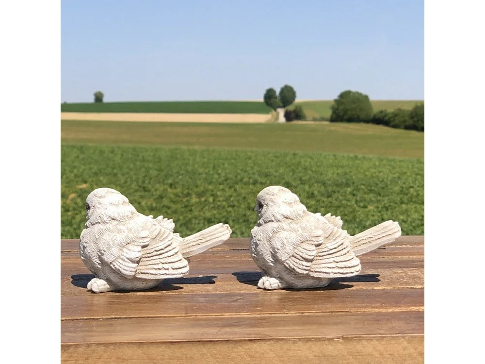 2 Oiseaux décoratifs en résine blanche vieillie 8.5 x 5.5 cm