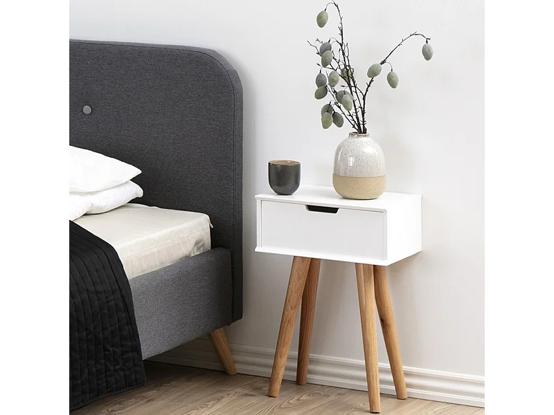 Scandinavisch wit nachtkastje Lokka met lade en schuine houten poten