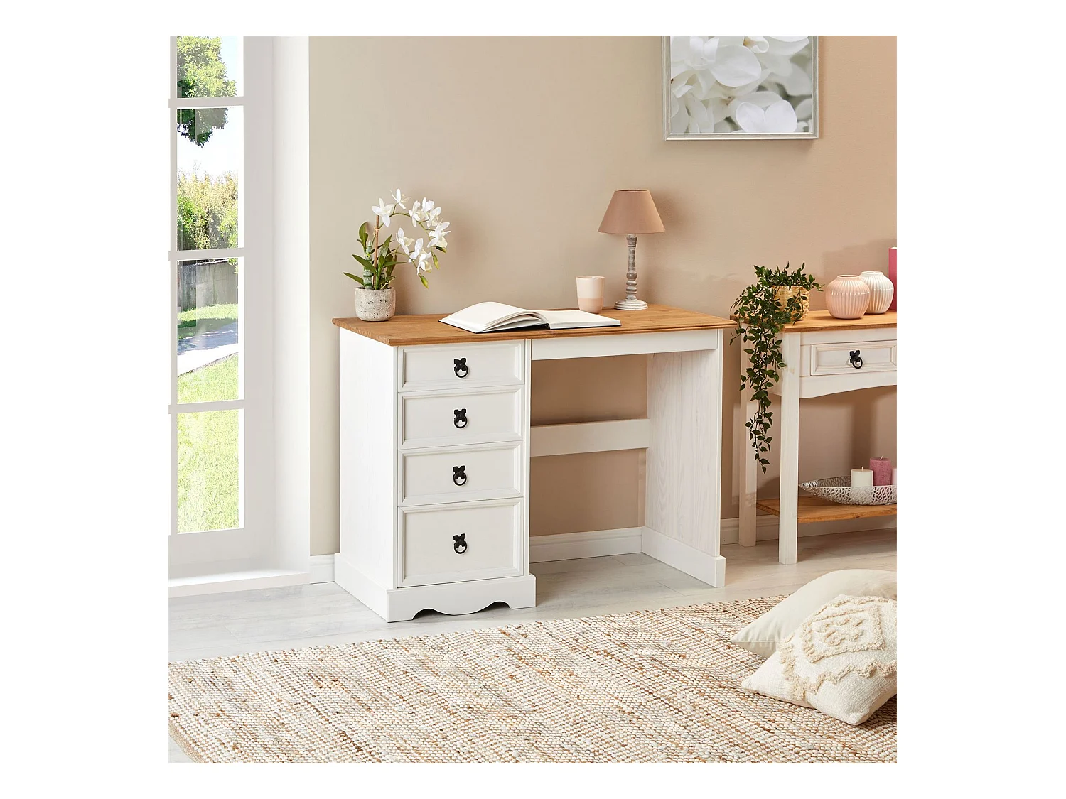 Bureau CAMPO en bois massif L 105 cm avec 4 tiroirs coloris blanc, bureau avec rangement intégré style campagne