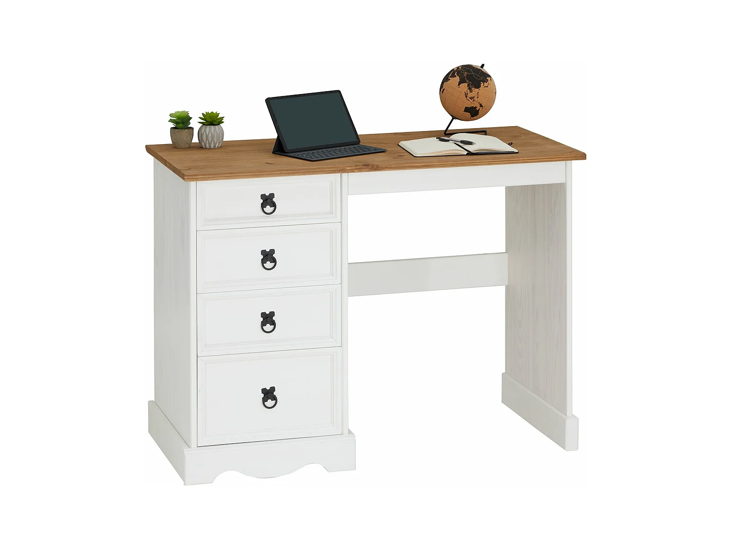 Bureau CAMPO en bois massif L 105 cm avec 4 tiroirs coloris blanc, bureau avec rangement intégré style campagne