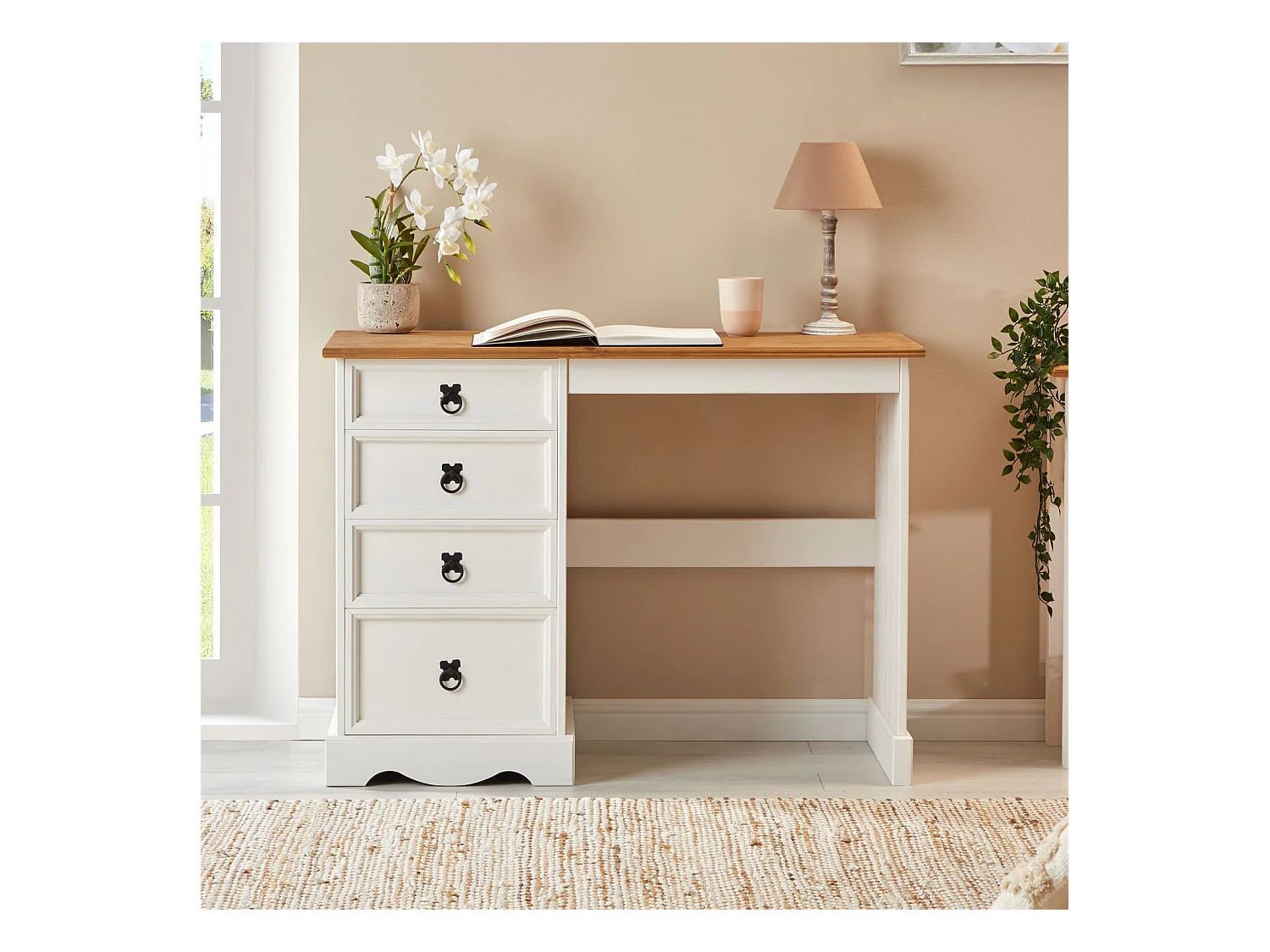 Bureau CAMPO en bois massif L 105 cm avec 4 tiroirs coloris blanc, bureau avec rangement intégré style campagne