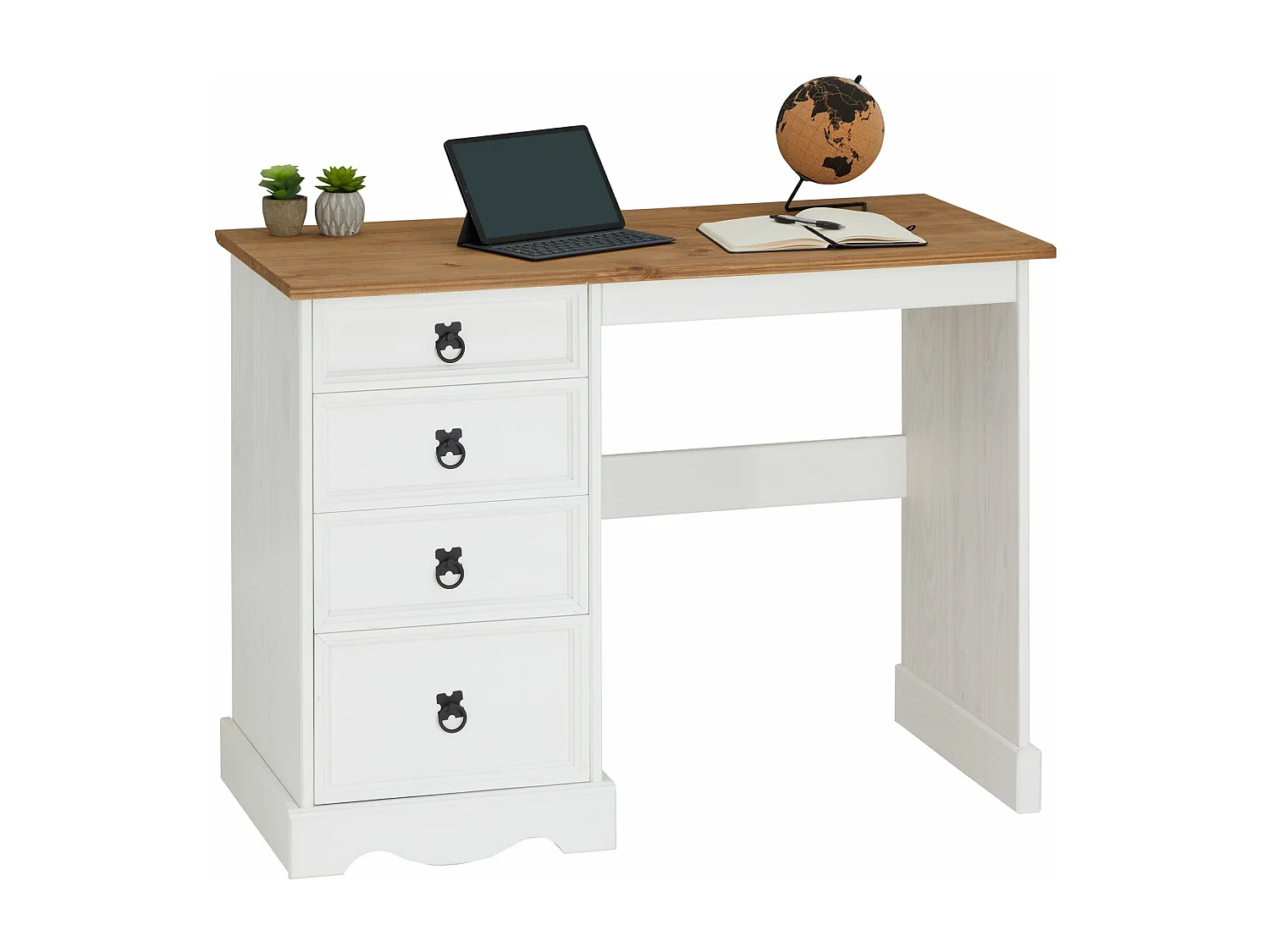 Bureau CAMPO en bois massif L 105 cm avec 4 tiroirs coloris blanc, bureau avec rangement intégré style campagne