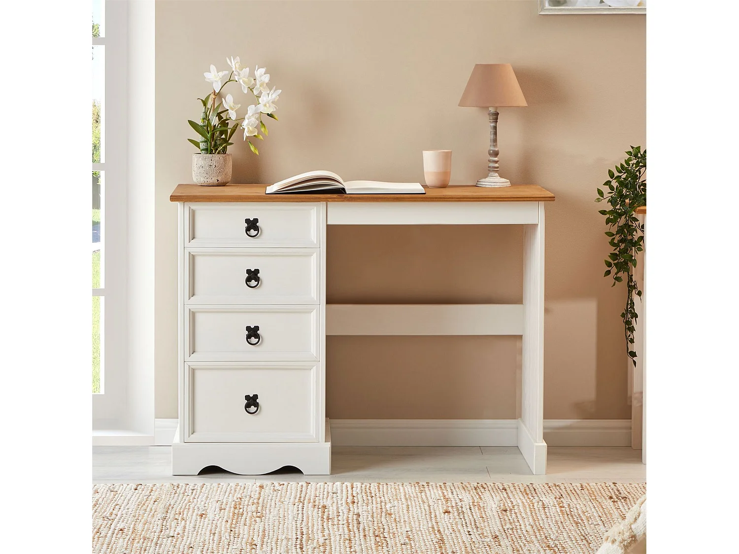 Bureau CAMPO en bois massif L 105 cm avec 4 tiroirs coloris blanc, bureau avec rangement intégré style campagne