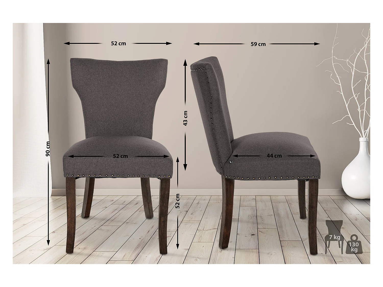 Lot de 2  chaise salle à manger - Tissu & Antique foncé - Gris foncé - Zadar