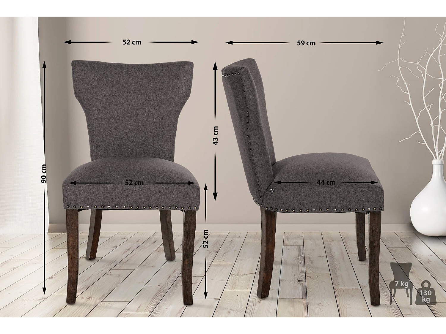 Lot de 2  chaise salle à manger - Tissu & Antique foncé - Gris foncé - Zadar