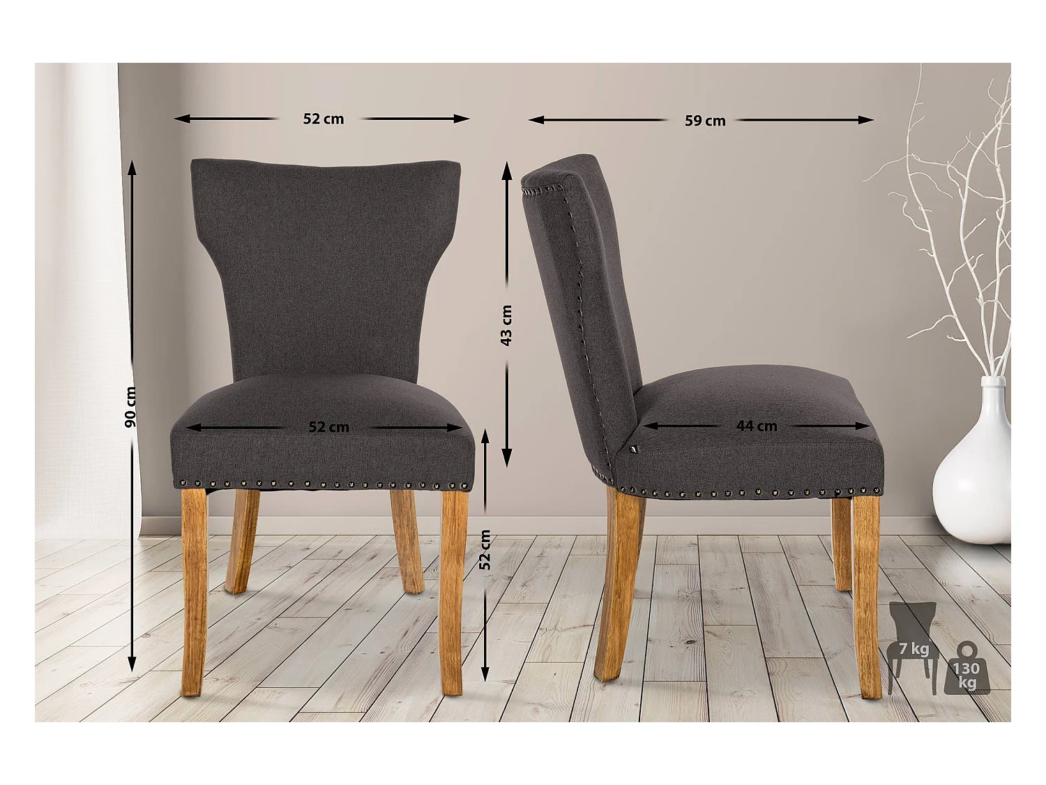 Lot de 2  chaise salle à manger - Tissu & Antique clair - Gris foncé - Zadar