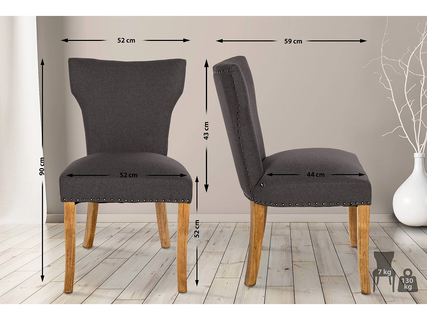 Lot de 2  chaise salle à manger - Tissu & Antique clair - Gris foncé - Zadar