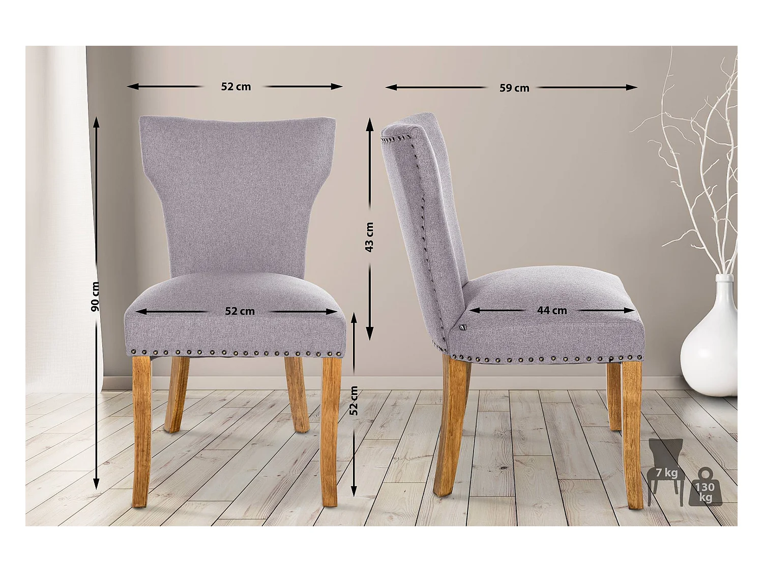 Lot de 2  chaise salle à manger - Tissu & Antique clair - Gris - Zadar