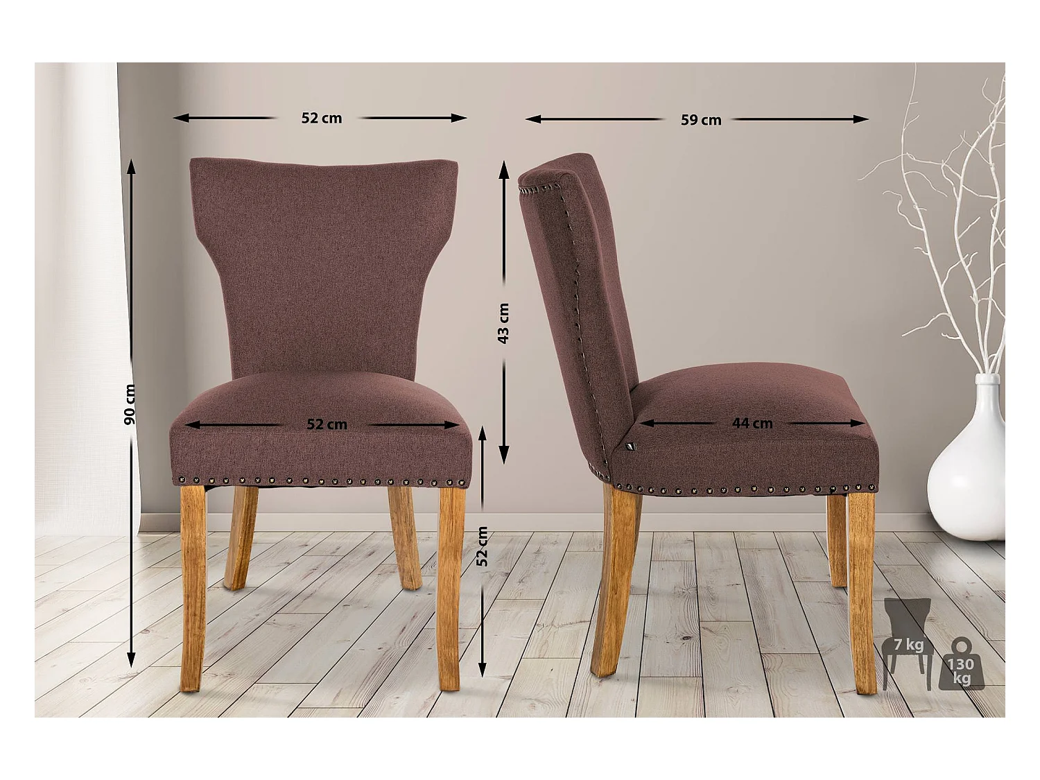 Lot de 2  chaise salle à manger - Tissu & Antique clair - Marron - Zadar