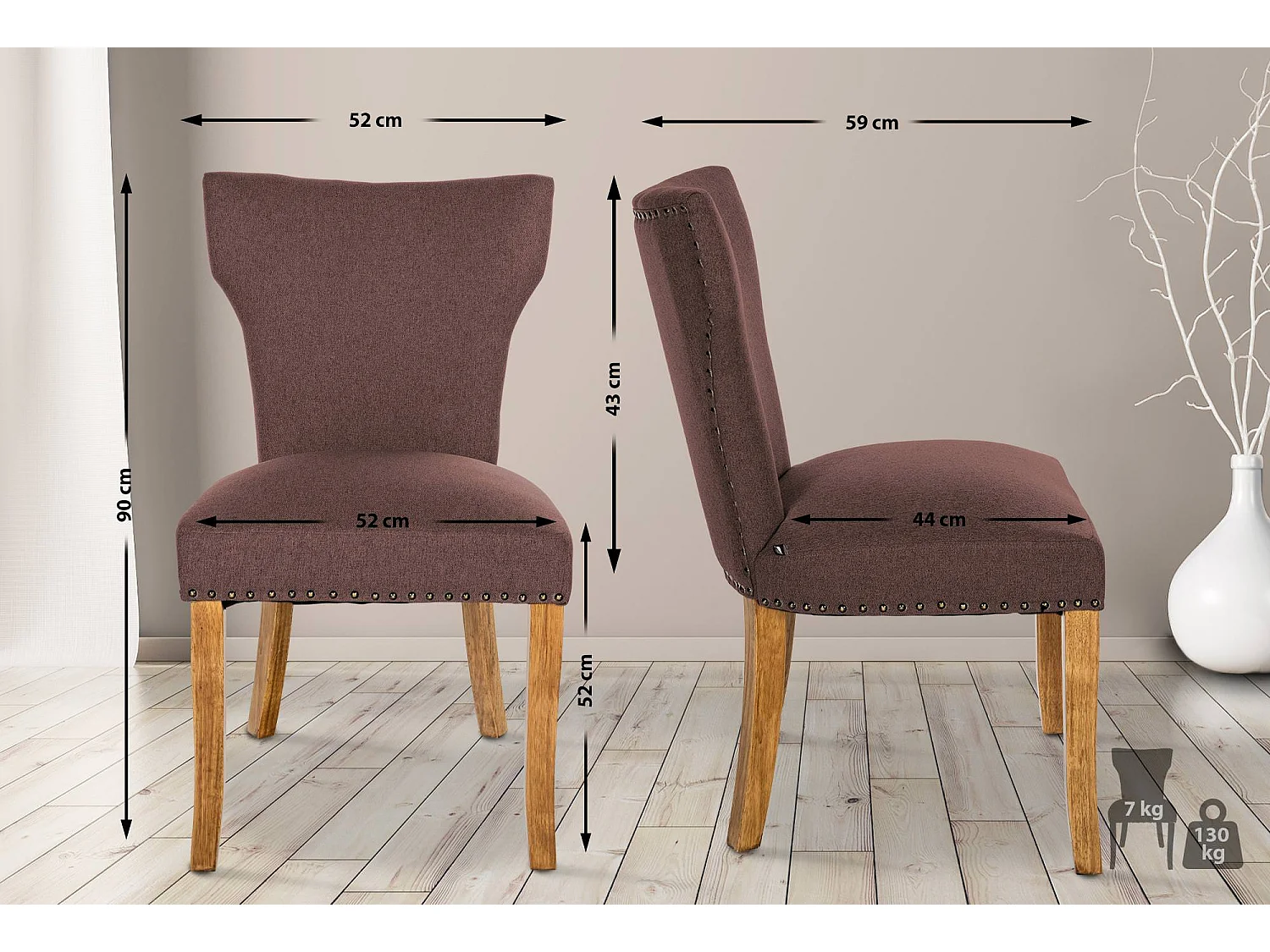 Lot de 2  chaise salle à manger - Tissu & Antique clair - Marron - Zadar