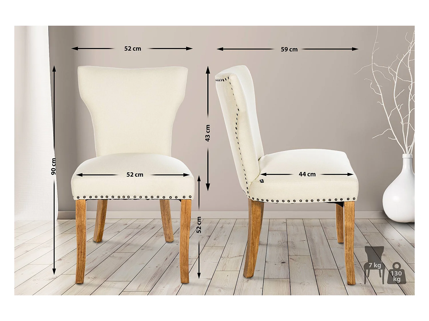 Lot de 2  chaise salle à manger - Tissu & Antique clair - Crème - Zadar