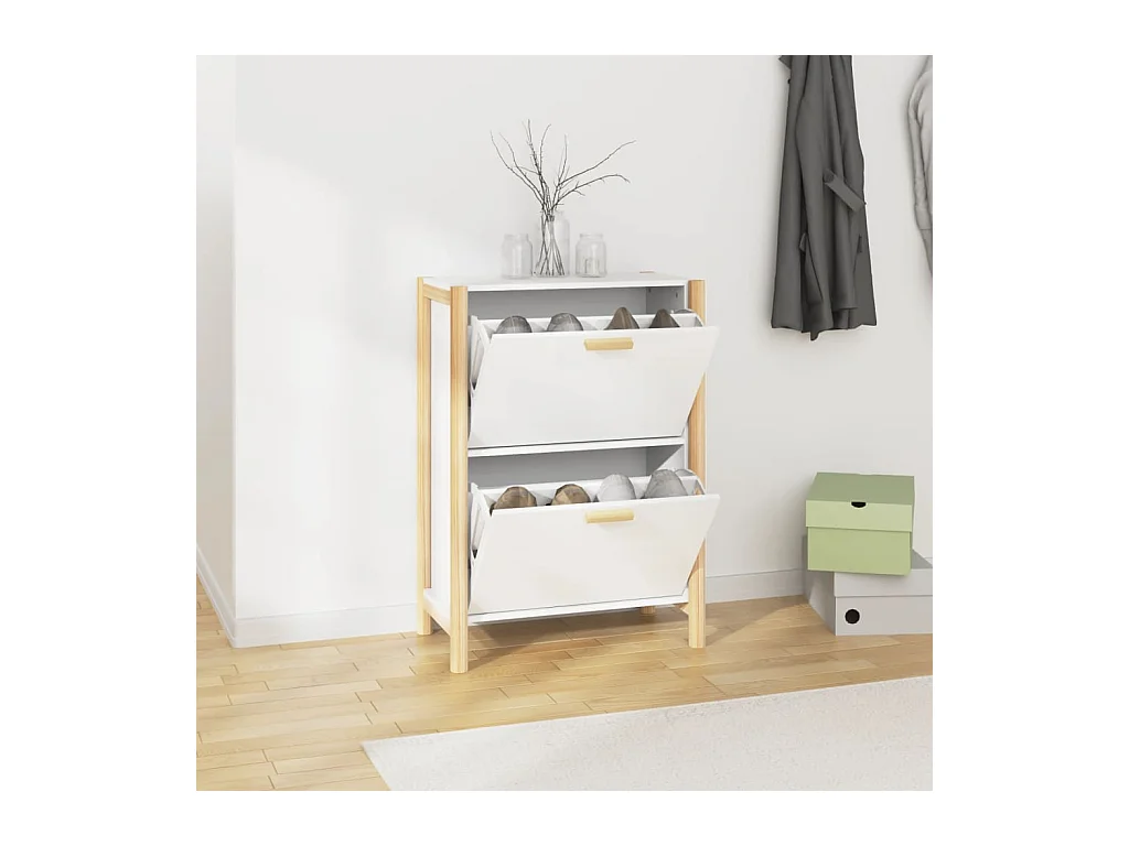 Armoire à Chaussures Blanche 57,5x33x80 cm en Bois d'Ingénierie - Pied en Bois Massif - Grand Espace de Rangement