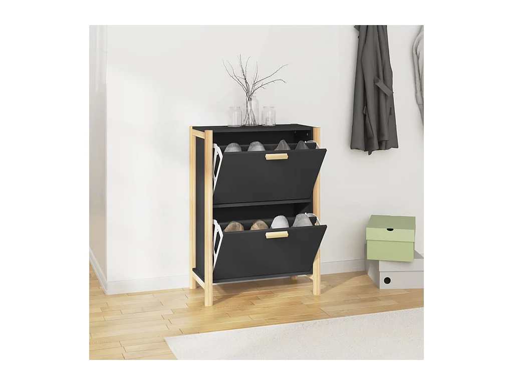 Armoire à Chaussures Noir 57,5x33x80 cm Bois d'Ingénierie - Pied en Bois Massif - Grand Espace de Rangement