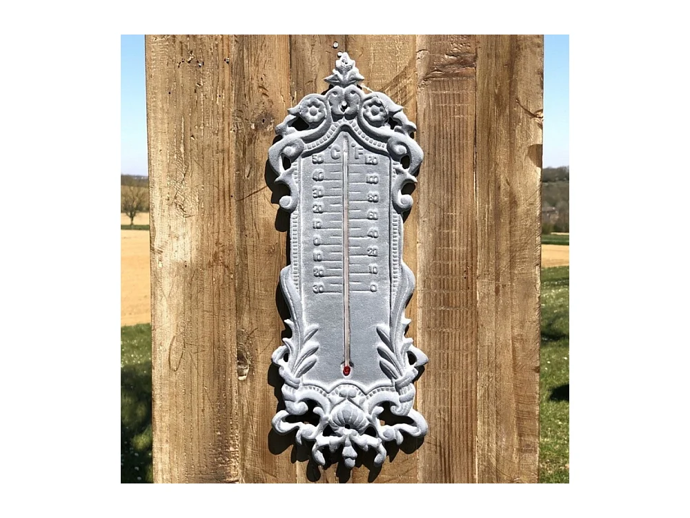 Grand thermomètre extérieur décoratif vintage fonte grise 37cm