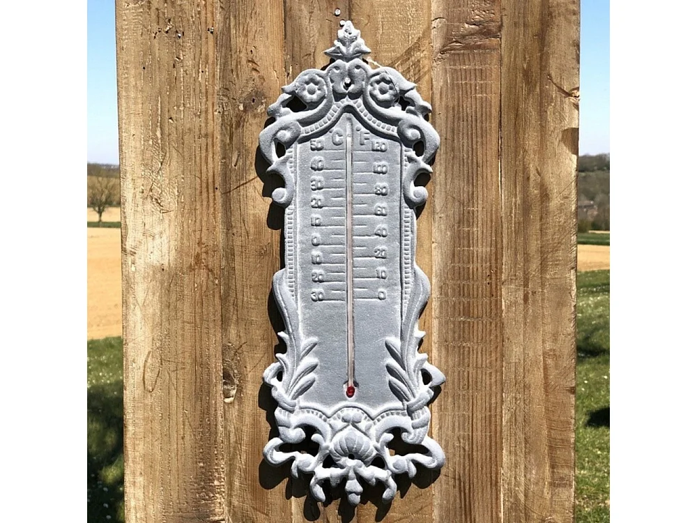 Grand thermomètre extérieur décoratif vintage fonte grise 37cm