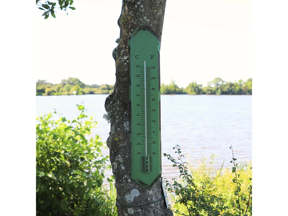 Grand thermomètre extérieur décoratif vintage jardin métal vert 61cm