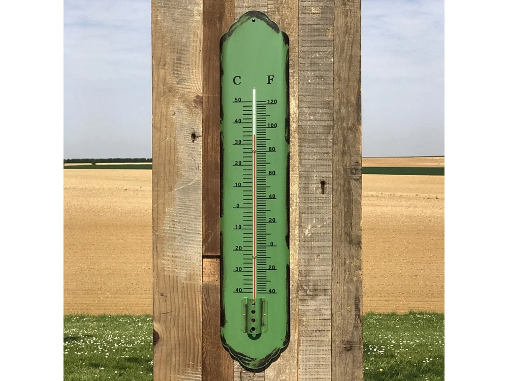 Grand thermomètre extérieur décoratif vintage jardin métal vert 61cm