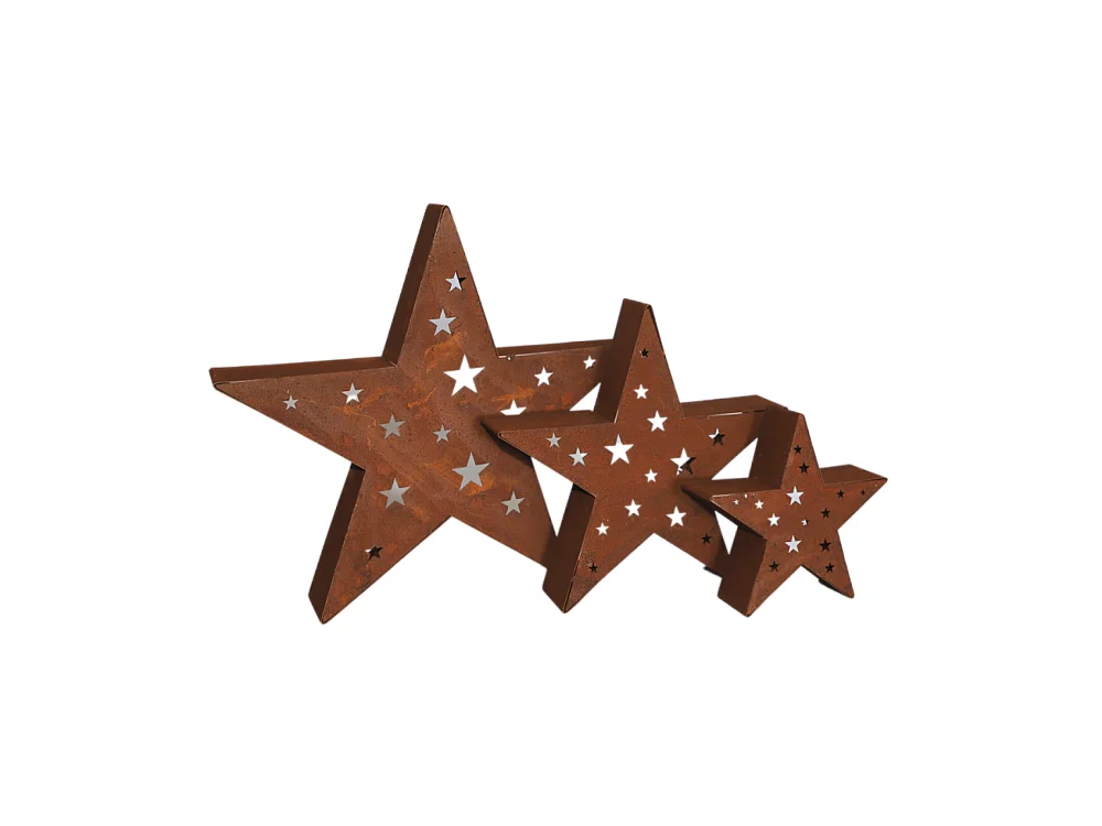 Set de 3 bougeoirs étoiles en métal rouillé Ø20-30-40 cm