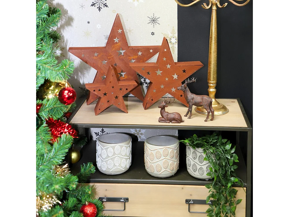 Set de 3 bougeoirs étoiles en métal rouillé Ø20-30-40 cm