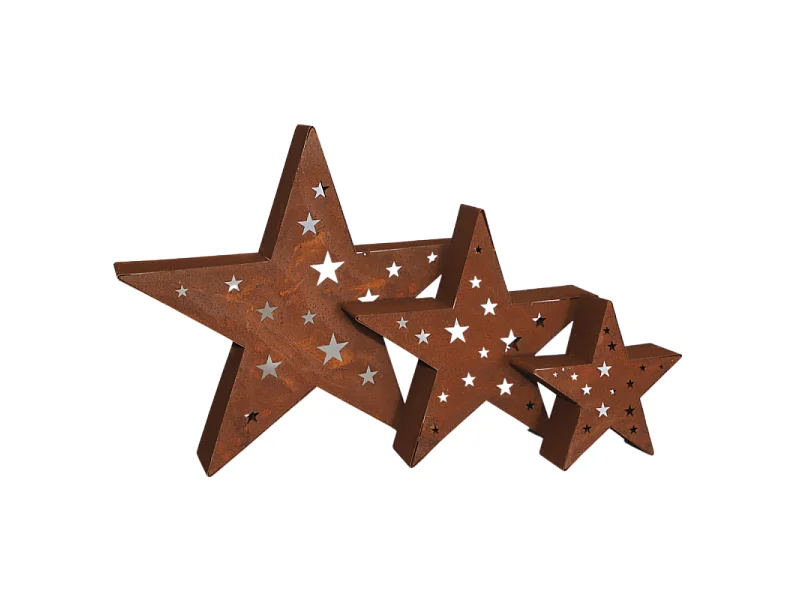Set de 3 bougeoirs étoiles en métal rouillé Ø20-30-40 cm