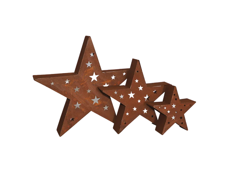 Set de 3 bougeoirs étoiles en métal rouillé Ø20-30-40 cm