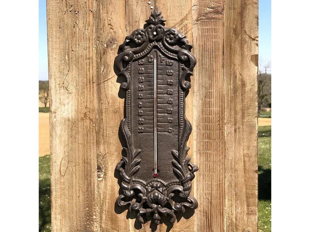 Grand thermomètre extérieur décoratif vintage fonte marron 37cm