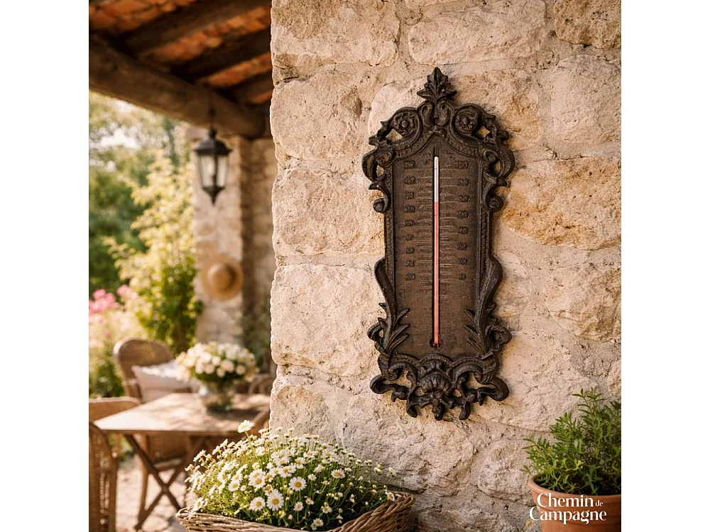 Grand thermomètre extérieur décoratif vintage fonte marron 37cm