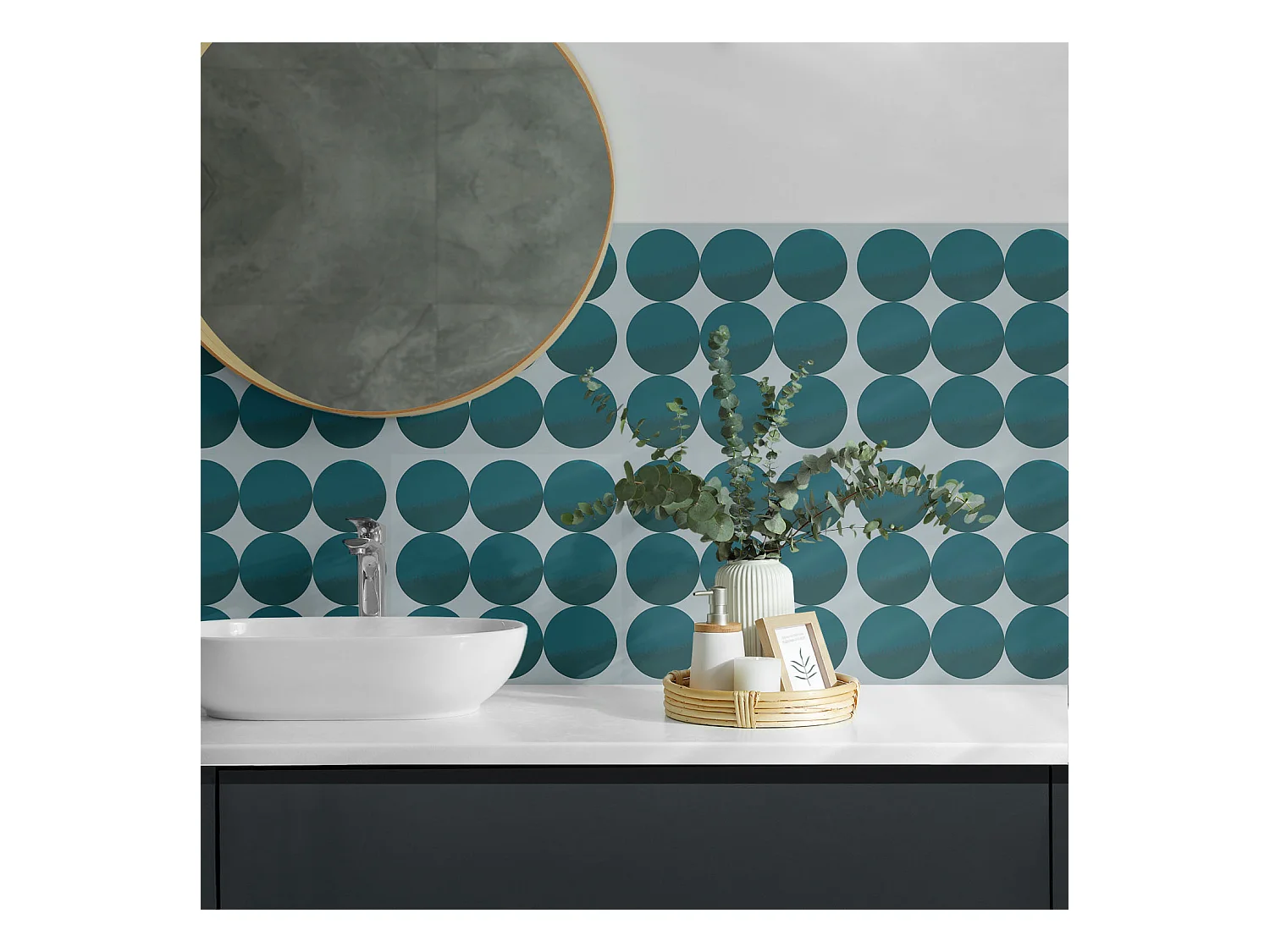 Carreaux autocollants PVC, Carrelage PVC adhésif - 9x30x30 - Disposition des cercles dans une grille