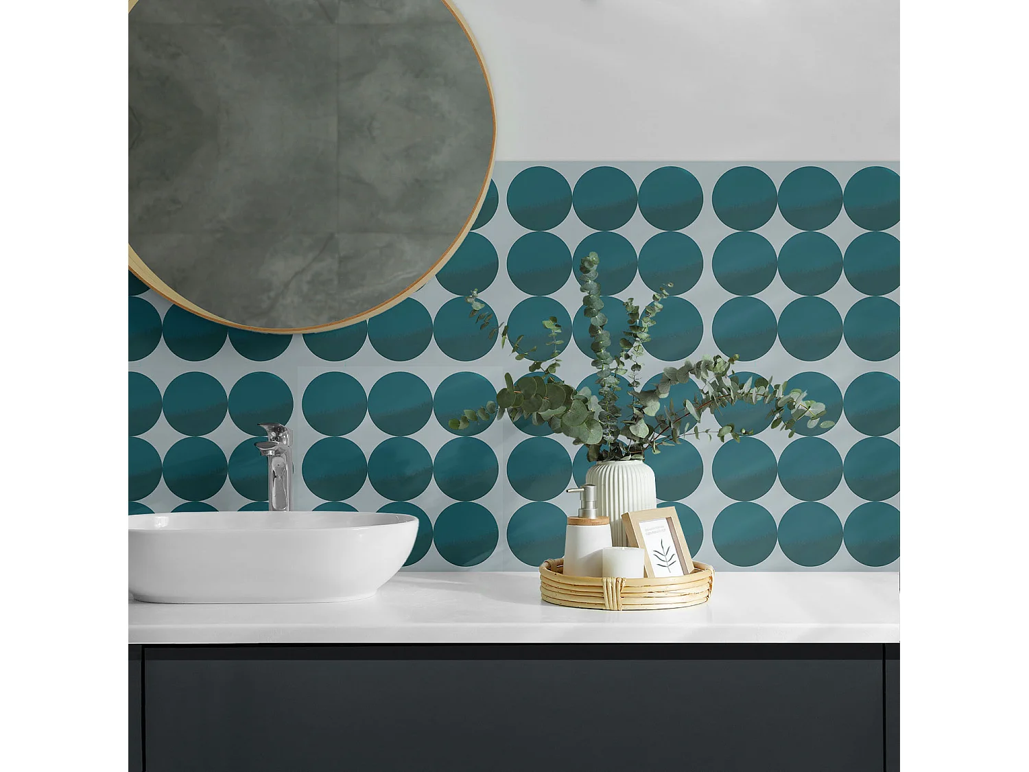 Carreaux autocollants PVC, Carrelage PVC adhésif - 9x30x30 - Disposition des cercles dans une grille